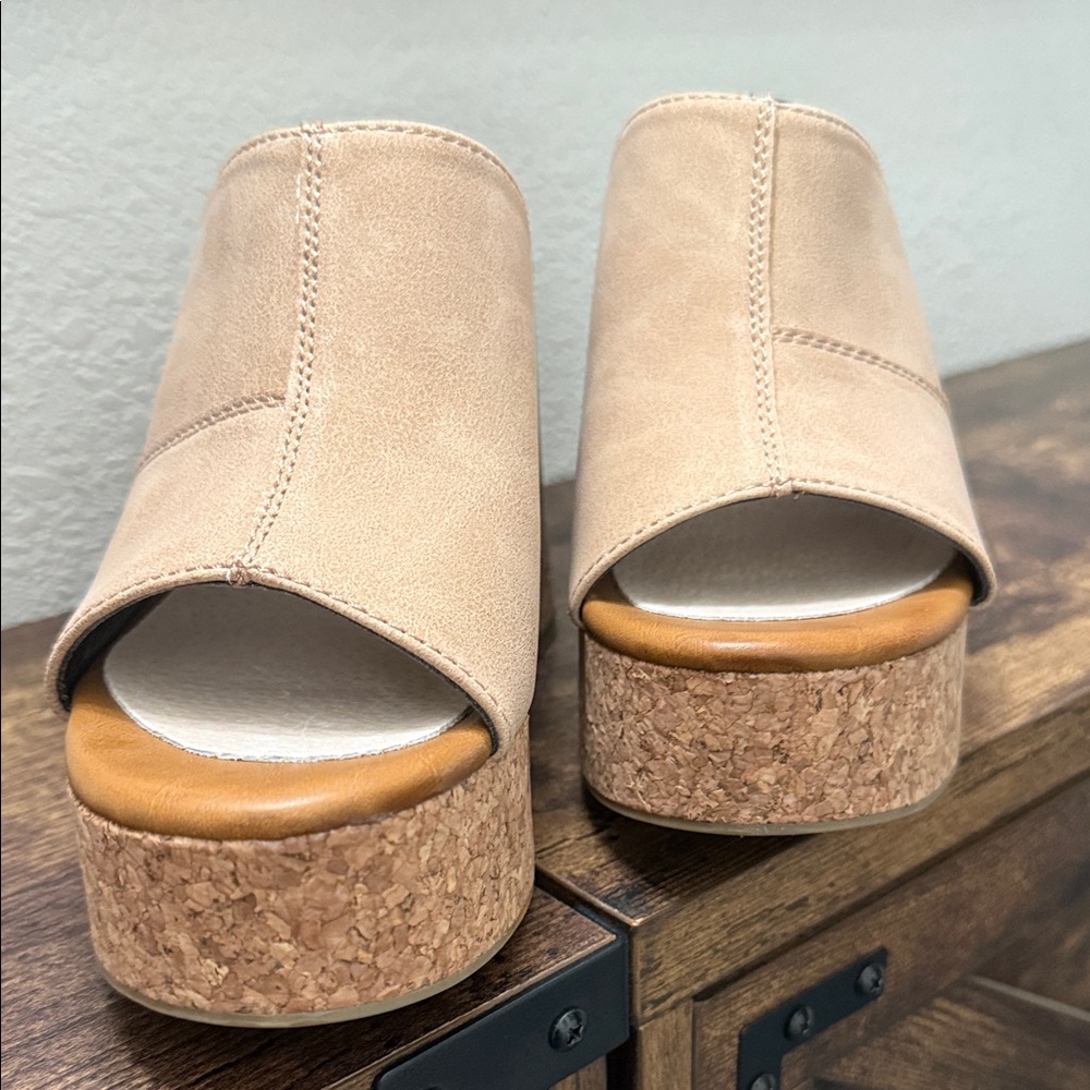 Neutral Beige Cork Platform Mules - Women's Slip-On Heels - Picture 7 of 8